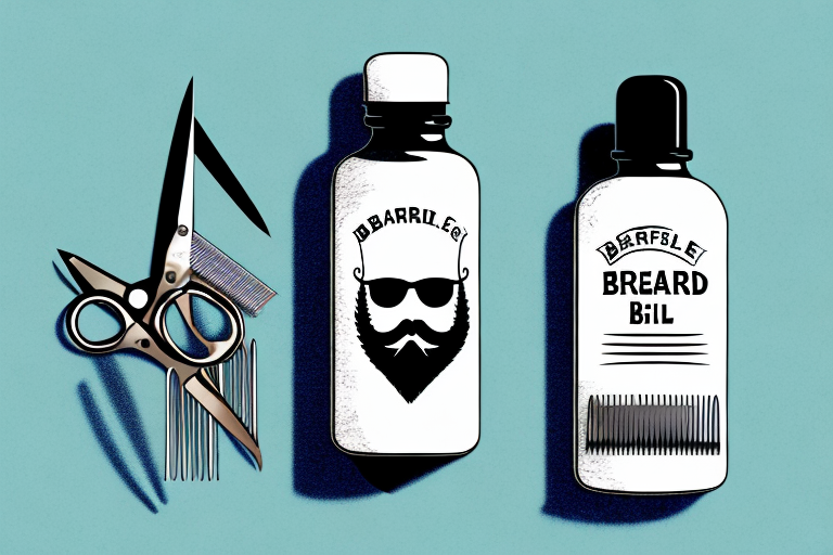 A bottle of beard oil with a beard comb and scissors beside it
