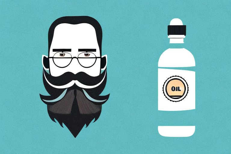 A beard with a bottle of oil and a few drops of oil spilling onto the beard