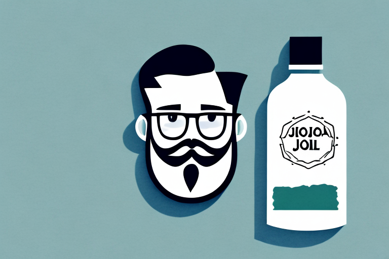 A beard with a bottle of jojoba oil beside it