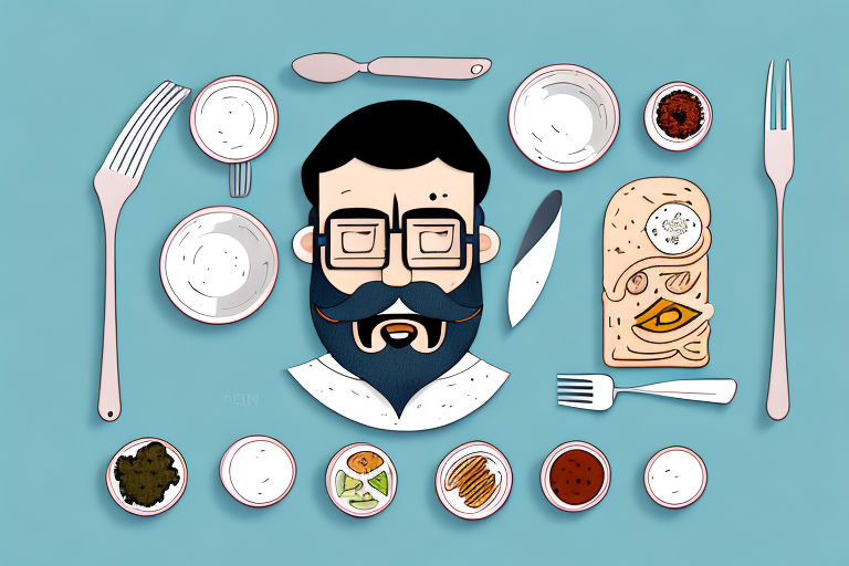 A bearded person eating with a variety of utensils and food items